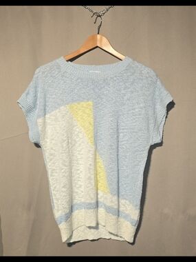 Vintage Lady Devon Light Blue, Yellow, & White Knit Top with Cream Accent S-M